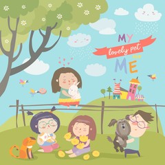 Obraz na płótnie Canvas Happy children with pets