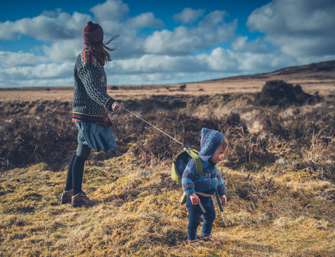 Young mother walking on the moor with her toddler