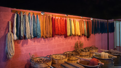 Silk fabric production. Multicolor silk threads after staining.