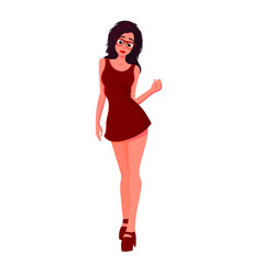 Beautiful, sexy and cute girl or woman in red dress and with red eyeglasses, vector cartoon flat illustration isolated on white background