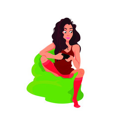 Playing girl with game pad, video games, vector cartoon flat illustration isolated on white background