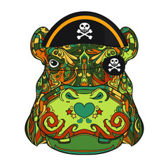 Face of pirate ornamental hippo with skull on pirate hat, vector line art illustration isolated on white background