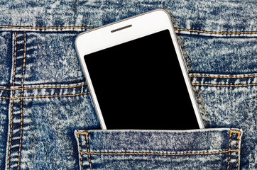 Close Up Bussines Fashion Stylish Smart Phone Screen Copy Space White Mobile in Blue Jeans Back Pocket Denim Hipster