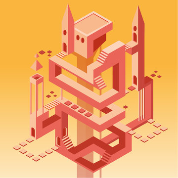 Tower with many ways, doors and stairs, two towers, vector flat cartoon illustration isolated on yellow sand gradient background, isometric vector picture
