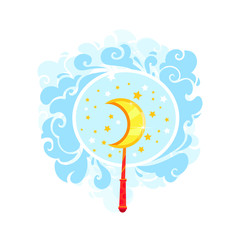 Magic stick moon with many stars and blue clouds, vector flat cartoon illustration isolated on white background