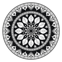 Round black and white floral mandala for coloring book 