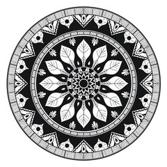 Round black and white floral mandala for coloring book 