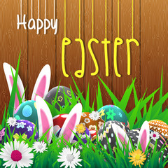 Happy easter image vector. Modern happy Easter on wooden background with colorful eggs, bunny, rubbit, and spring flower. Template Easter greeting card, vector.