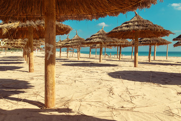 Straw umbrellas on the beach on a sunny day.