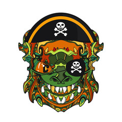 Ornament face in line art of pirate monster with many teeth, vector illustration isolated on white background, face, hat and skull