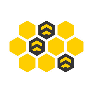 Logotipo bee en panal con abejas en gris y amarillo