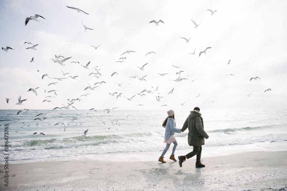 Wall mural young couple holding hands and walking on winter sea shore and looking at seagulls