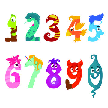 Cute and funny set on different numbers, cartoon characters, flat cartoon vector illustration isolated on white background