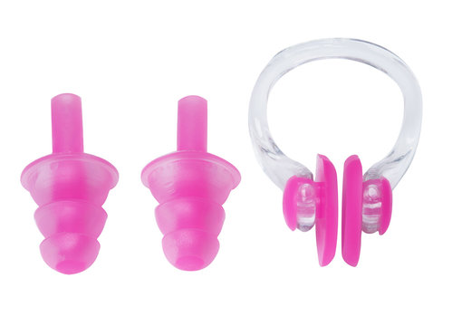 set of earplugs for swimming and clamp on the nose on a white background