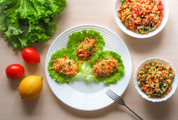 Kisir, bulgur wheat salad, turkish cuisine, vegetarian food.
