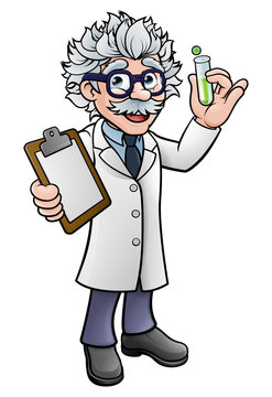 Cartoon Scientist Holding Test Tube And Clipboard