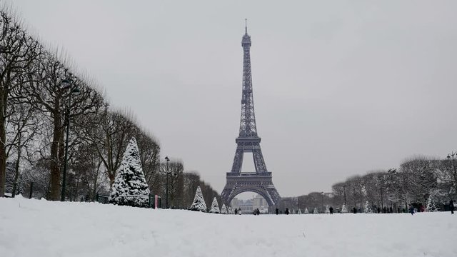 Snowy day in Paris, France