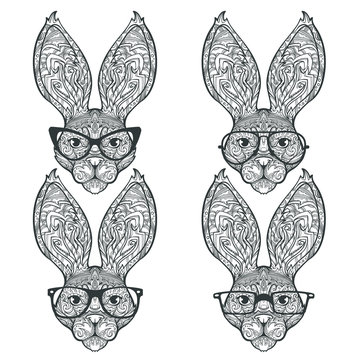 Set of face of ornament rabbit isolated on white background, isolated on white background, line art style