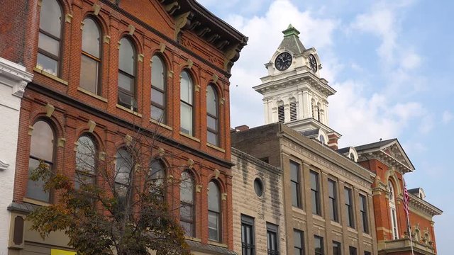 Nice establishing shot of a generic city hall or town hall in small town America, Athens, Ohio.