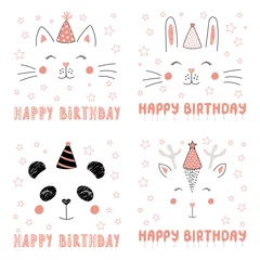 Tuinposter Set of hand drawn portraits of cute funny animals in party hats, with text Happy Birthday. Isolated objects on white background. Vector illustration. Design concept for children, party, celebration. © Maria Skrigan