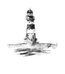 Naklejka premium Watercolor illustration of lighthouse. Black and white picture, monochrome, black silhouette. sea landscape. Art illustration, greeting card. Beautiful tower.