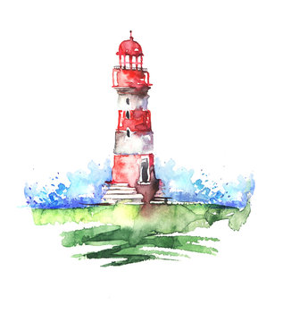 Watercolor illustration of lighthouse. Red and white colors, sea landscape. Art illustration, greeting card. Beautiful tower.