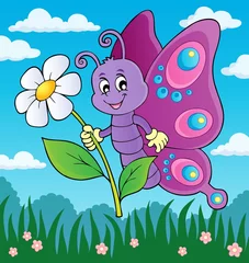 Fototapete Für Kinder Glücklicher Schmetterling, der Blumenthema hält 3