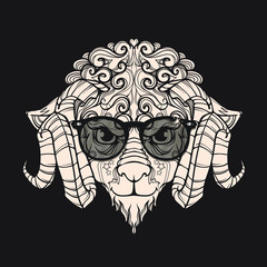 Ornament face line art of sheep, ram with horns, eyeglasses, sunglasses, vector cartoon illustration isolated on background