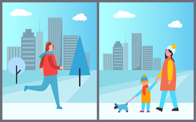 Man Skiing and Family Walking Vector Illustration