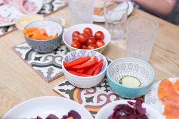 Fototapeta na wymiar Food snacks laid out on a kitchen table
