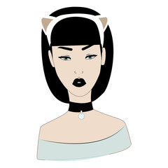 young asian girl in cat's ears on white background.