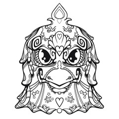 Ornament face of bird in line art style, vector illustration isolated on white background