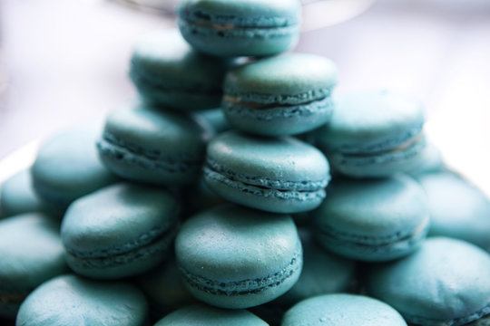 Close-up of a stack of blueberry macarons (french macaroons)