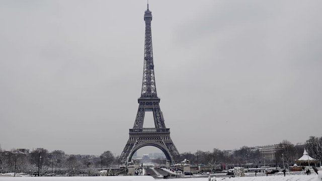 Snowy day in Paris, France