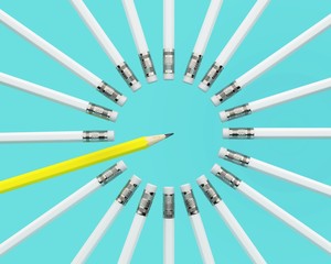 Yellow pencil extract out from crowd of plenty identical white fellows on blue pastel background. minimal creative concept. Leadership, independence, think different, business success concept