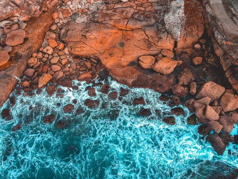 Aerial view of rocky coastline, Bondi Beach, New South Wales, Australia