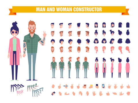 Young guy and girl character constructor with various views, hairstyles, poses and gestures. Front, side, back view. Cartoon style, flat vector illustration. 