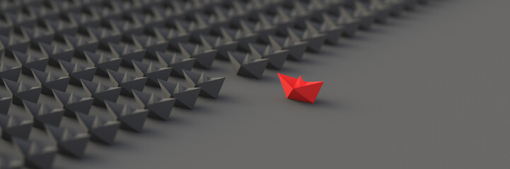 Leadership, success, and teamwork concept, red leader boat leading black boats. 3D Rendering.