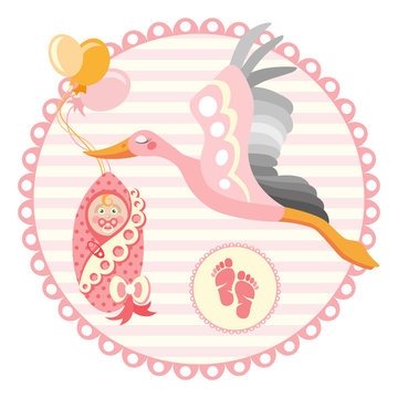 Stork carrying a cute baby. It s a girl Vector illustration.
