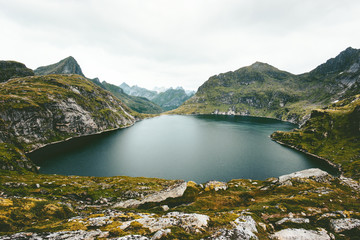 Fototapeta na wymiar Lake and Mountains Landscape in Norway Travel scenery scandinavian nature