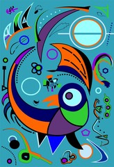 Fototapeta na wymiar composition of abstract colorful shapes ,stylized bird on blue