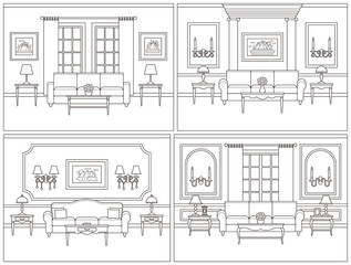 Room interior. Vector living room. Set interiors. Home line art flat design with furniture, window. Outline sketch in classic style. Coloring page. Linear contour background. Cartoon illustration.