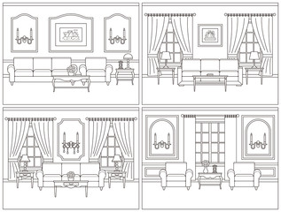 Living room interior. Vector room. Set interiors. Home line art flat design with furniture, window. Outline house sketch in classic style. Linear background. Cartoon illustration. Coloring page.