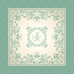 Vintage template with pattern and ornate frame. Ornamental lace pattern for invitation, greeting card, certificate.