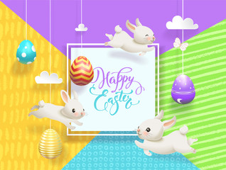 Happy Easter Sale card decorated eggs hanging on strings abstract background, funny little bunnies, square frame and Happy Easter hand lettering. Vector illustration for holiday greeting card