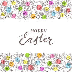 Colored circles with eggs and lettering Happy Easter on white background