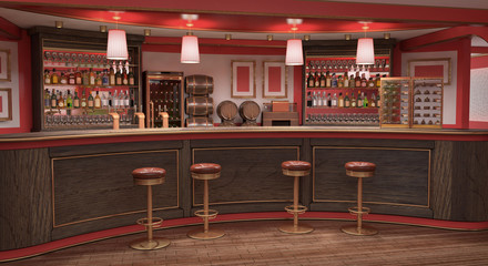 The interior of the bar, rack and chairs, cabinets with bottles and barrels. 3d illustration - obrazy, fototapety, plakaty
