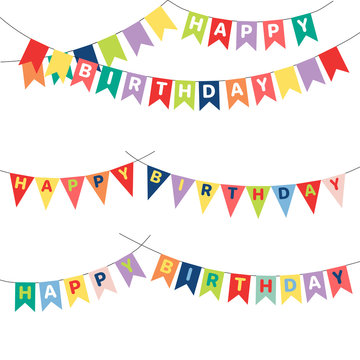 Set of hand drawn vector illustrations with bunting, Happy Birthday letters written on the flags. Isolated objects on white background. Design concept for children, birthday celebration.