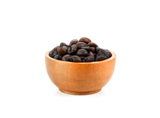 coffee bean on wood bowl isolated on white background