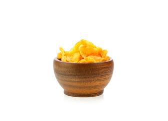 tasty cornflakes isolated on wood bowl on white background